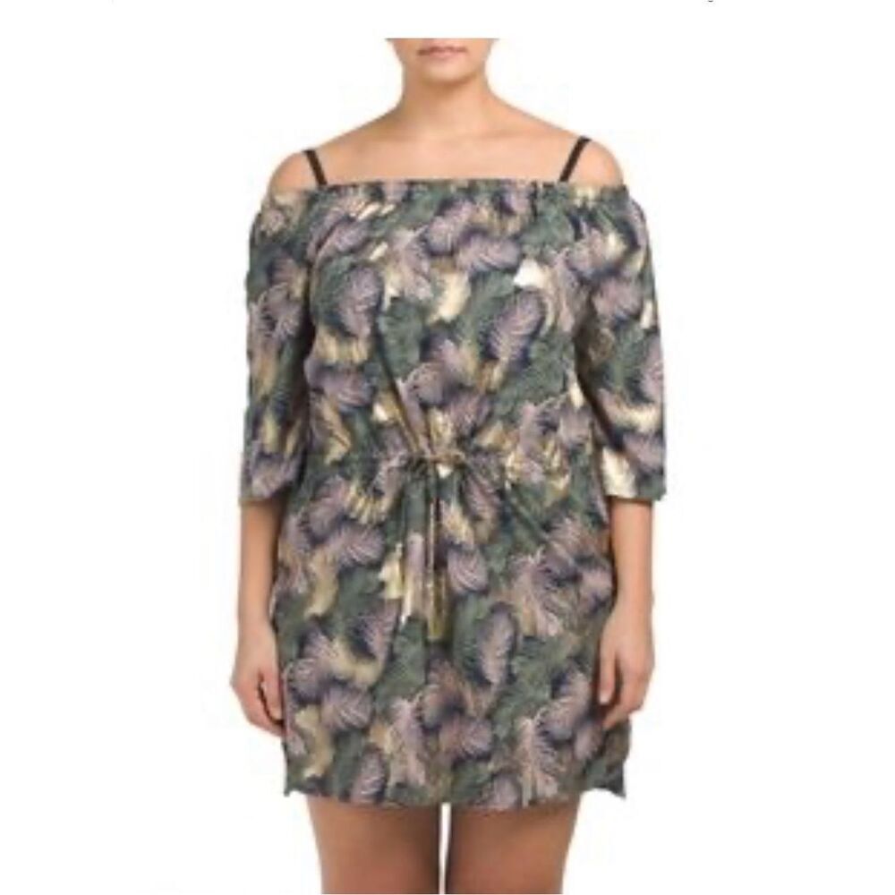 BLUE ISLAND Beach Dress Swim Cover Up Tasseled Blue/Olive/Gold Leaf Print Sz XL